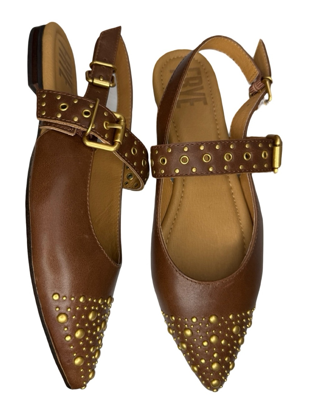 Frye HEATHER SLINGBACK STUDDED Flat Pointed gold & Walnut Leather